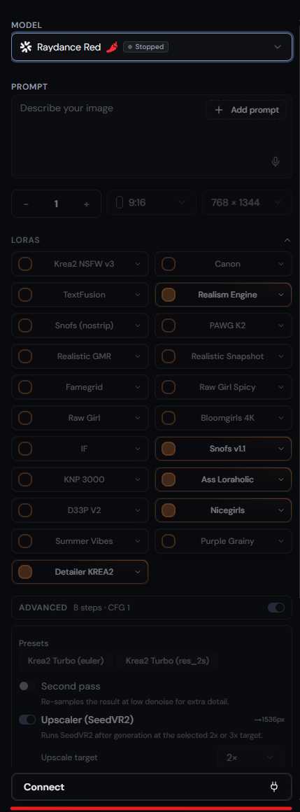 The Connect button at the bottom of the generation panel