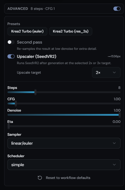The advanced panel with presets, upscaler, and sampler settings